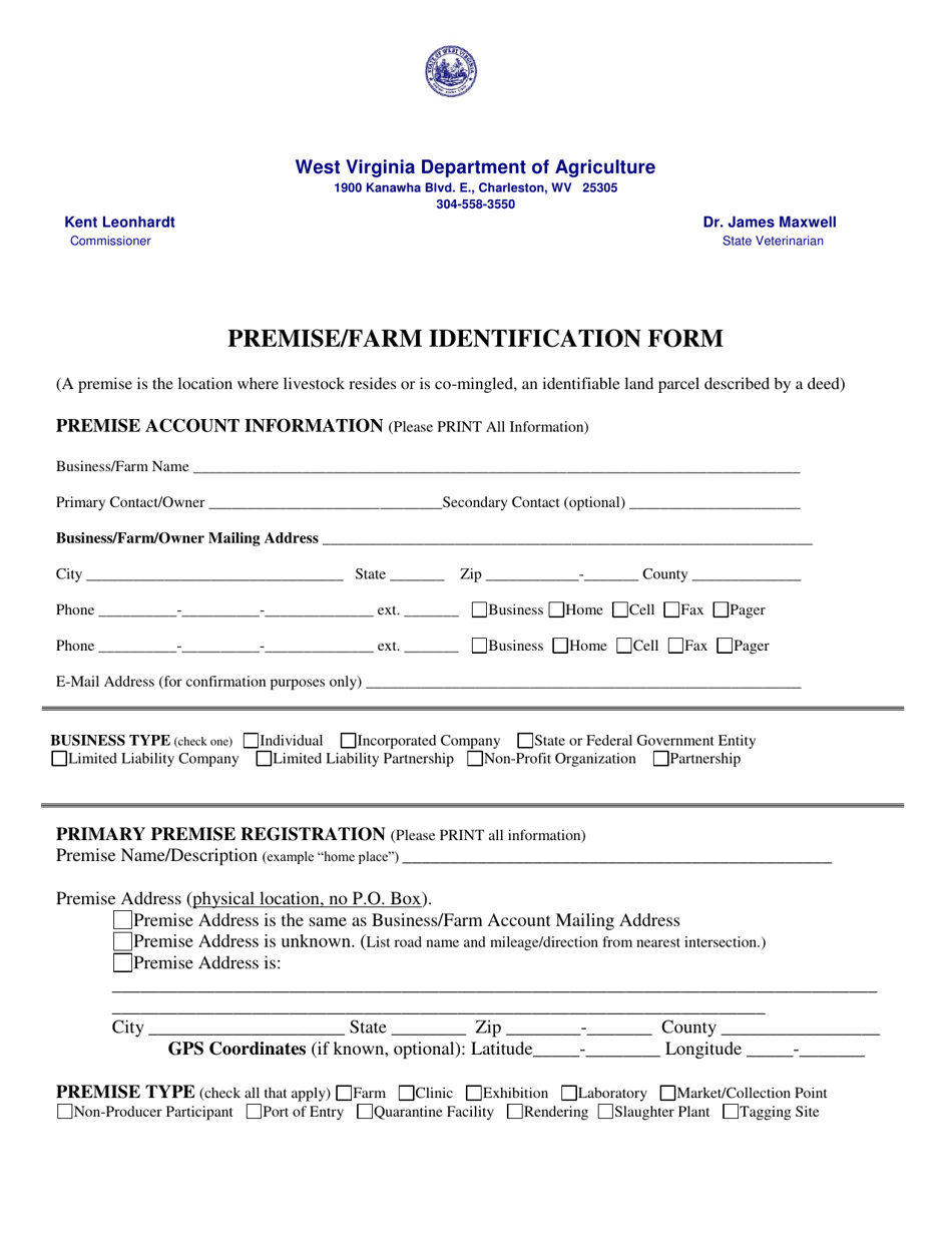Premise / Farm Identification Form - West Virginia, Page 1
