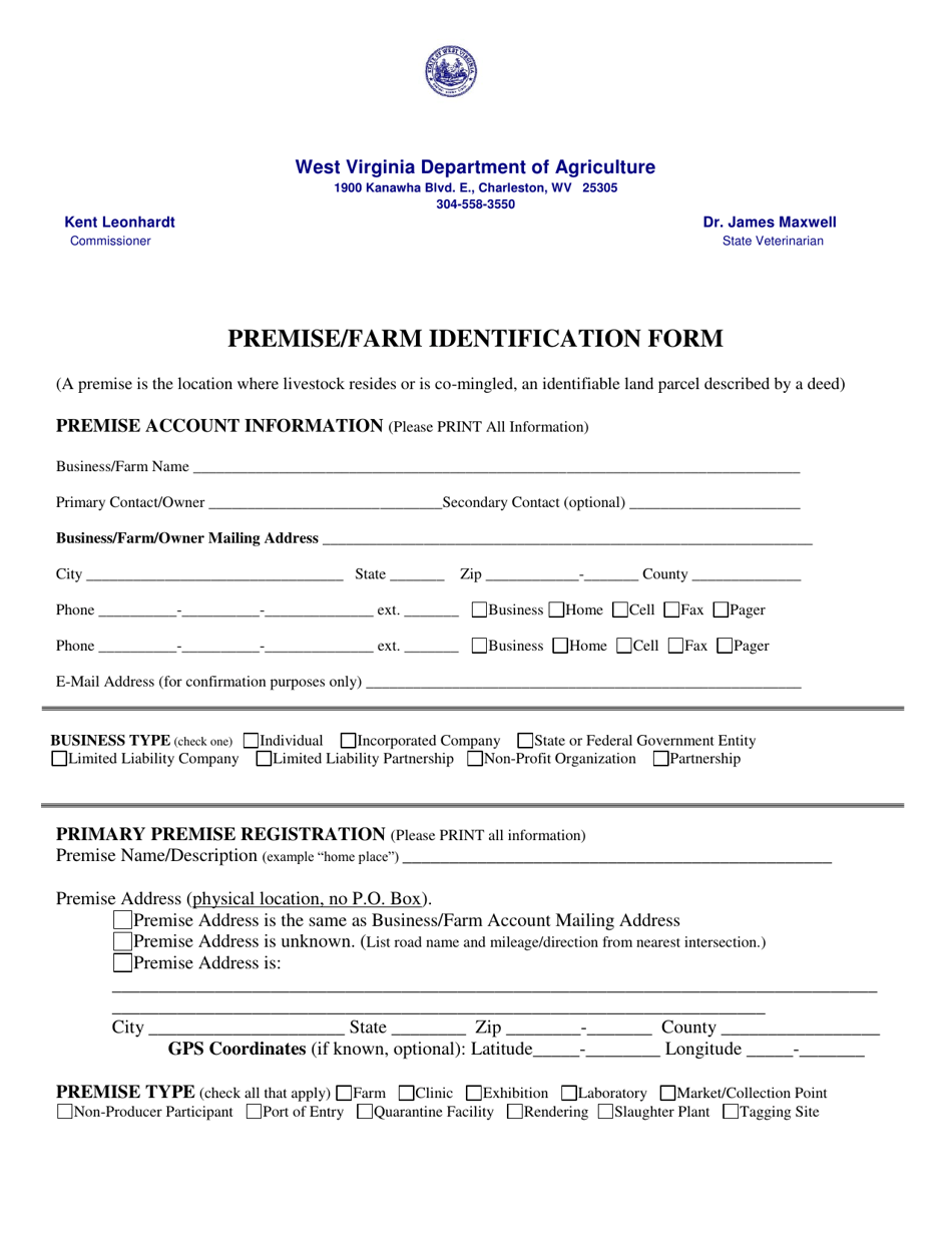 West Virginia Premise/Farm Identification Form Fill Out, Sign Online and Download PDF