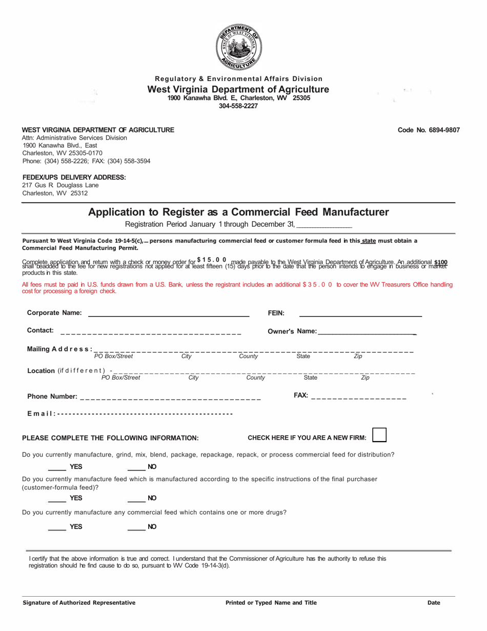 Application to Register as a Commercial Feed Manufacturer - West Virginia, Page 1