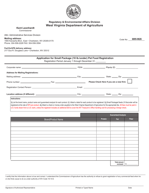 Application for Small Package (10 Lb./Under) Pet Food Registration - West Virginia