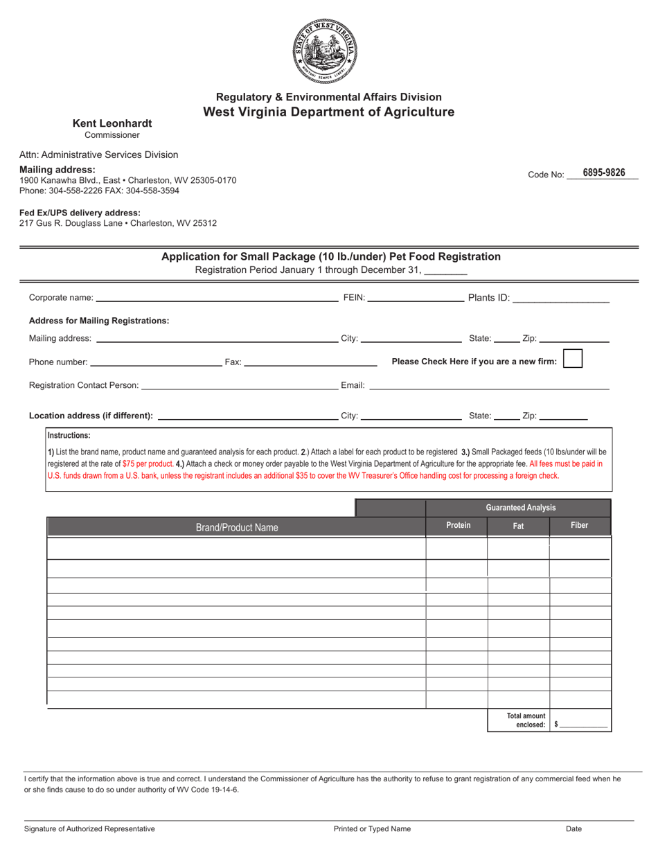 West Virginia Application for Small Package (10 Lb./Under) Pet Food