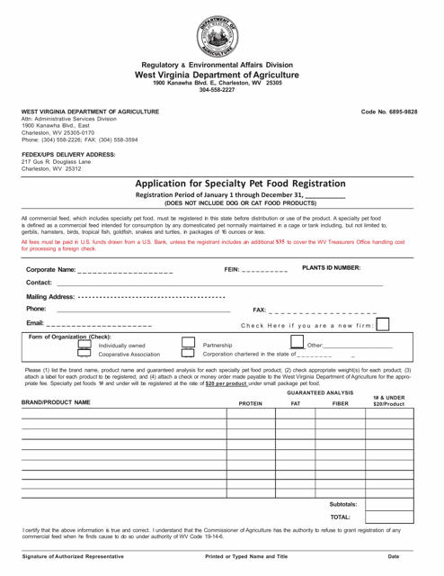 Application for Specialty Pet Food Registration - West Virginia