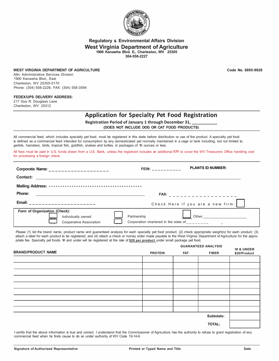 Application for Specialty Pet Food Registration - West Virginia, Page 1