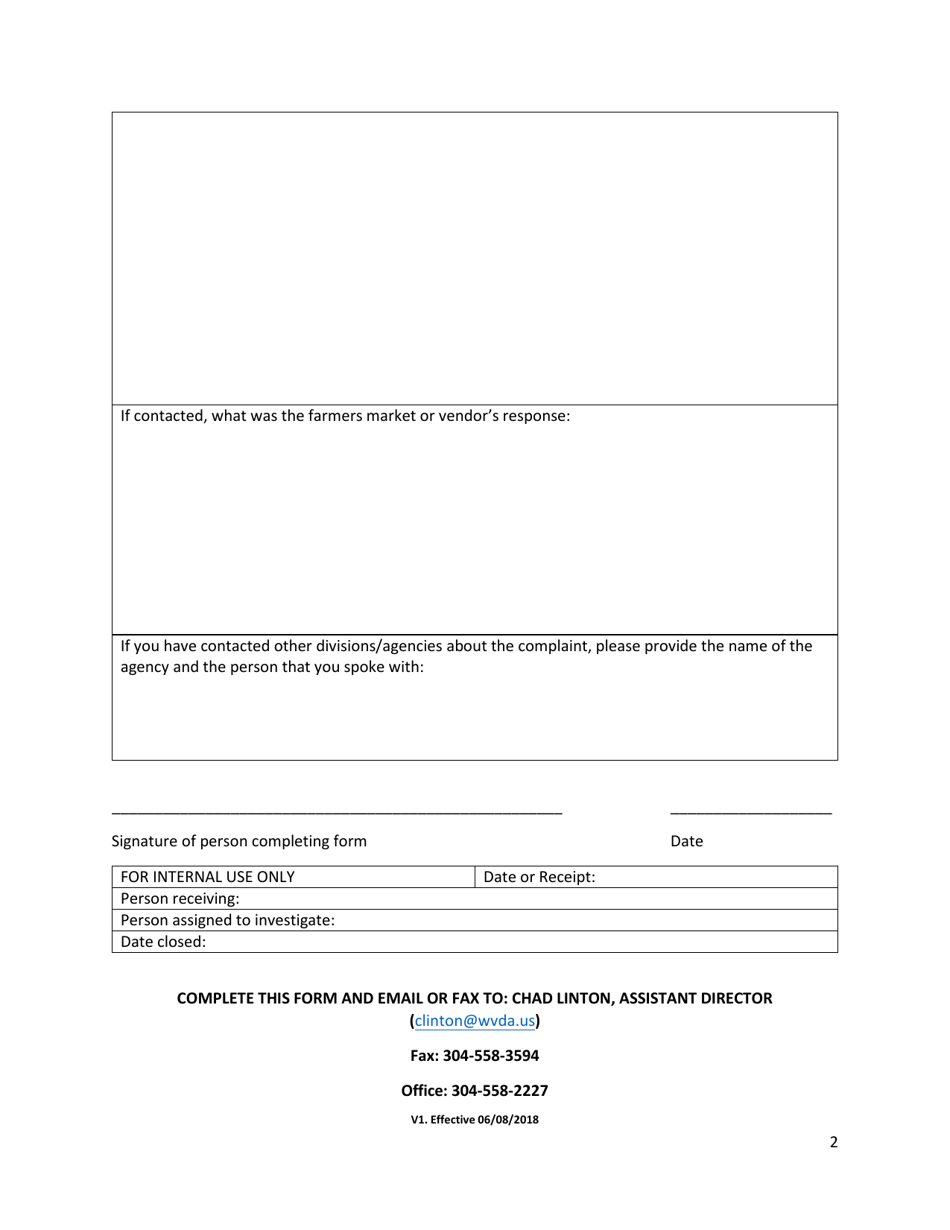Farmers Market and Farmers Market Vendor Complaint Form - West Virginia, Page 2