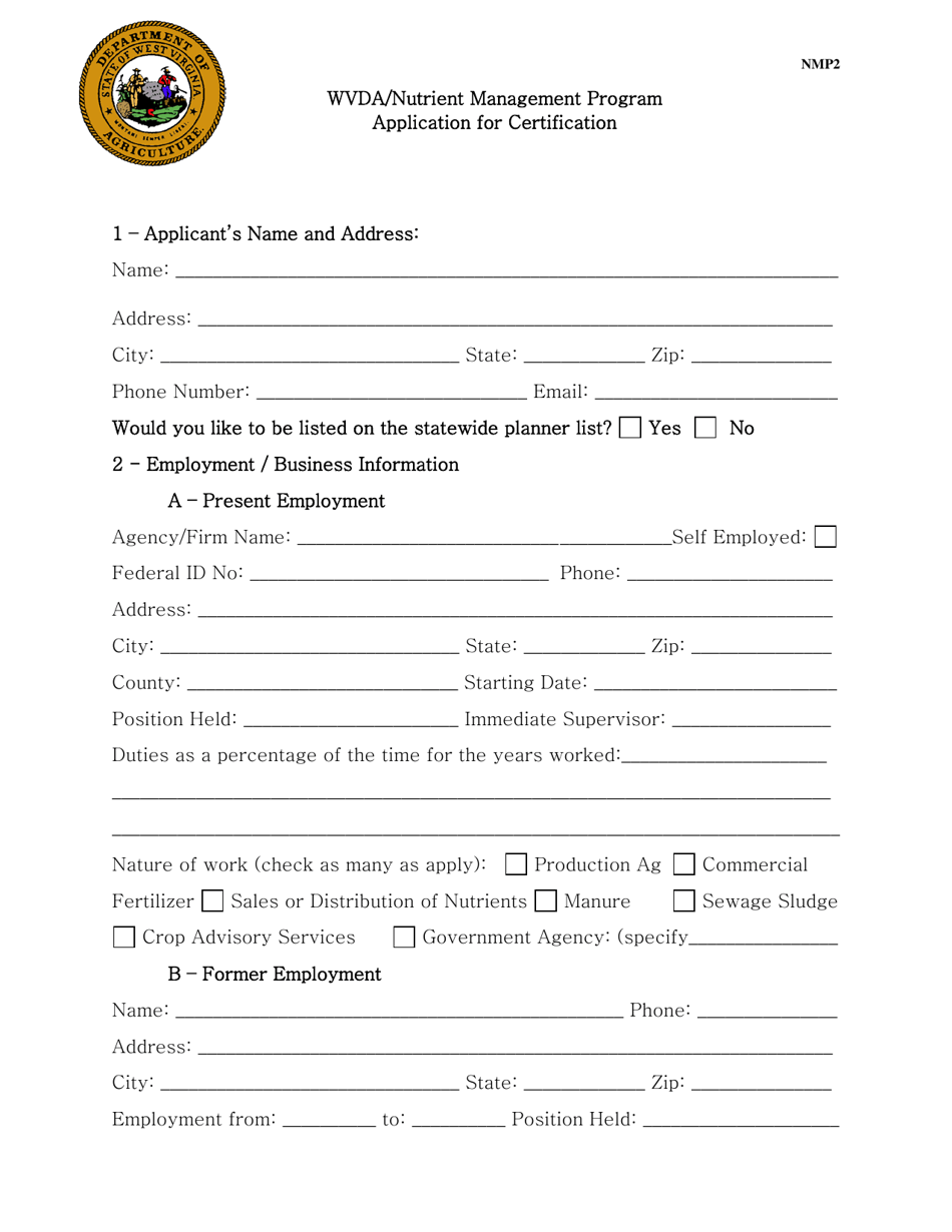 Form NMP2 Application for Certification - Nutrient Management Program - West Virginia, Page 1