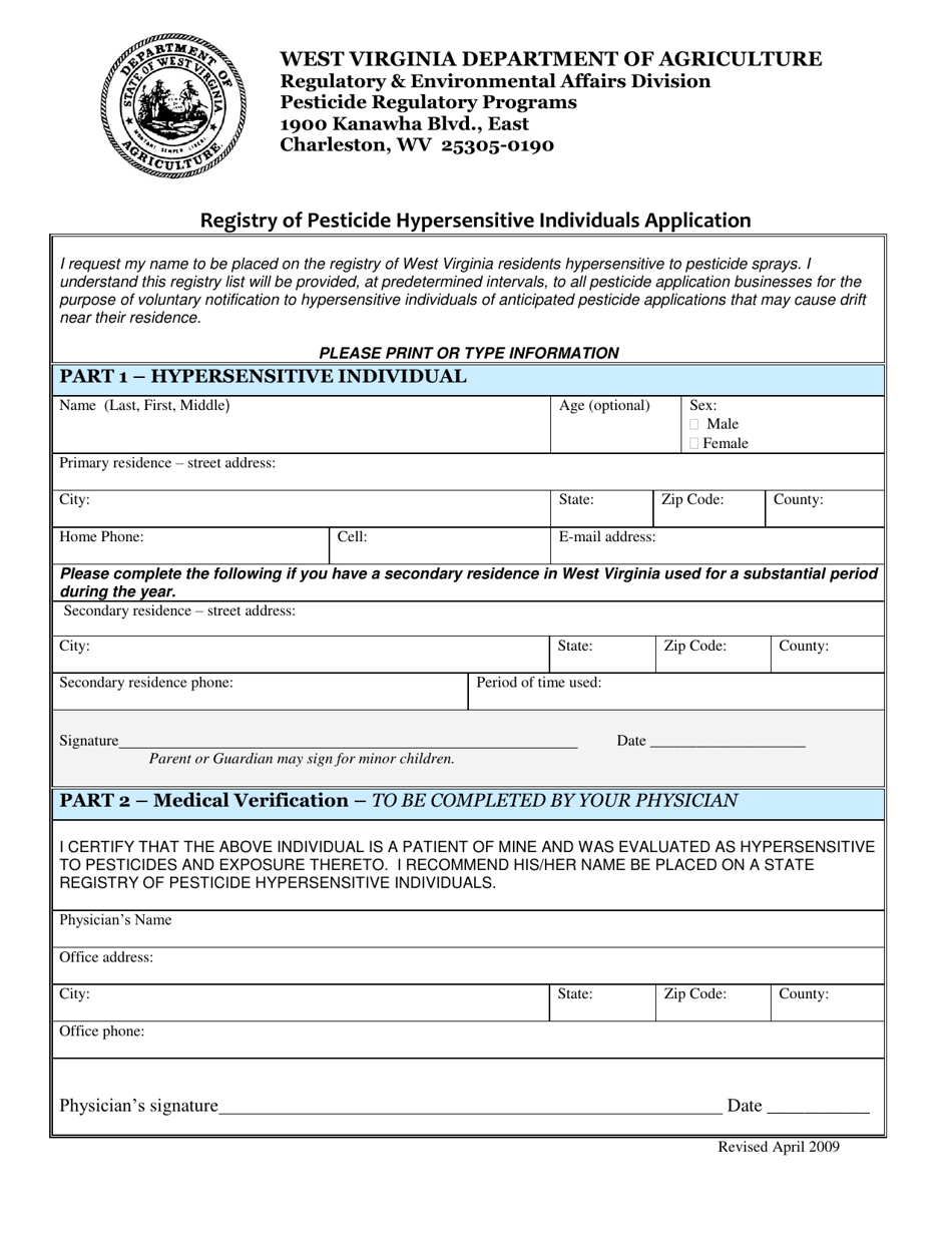 Registry of Pesticide Hypersensitive Individuals Application - West Virginia, Page 1