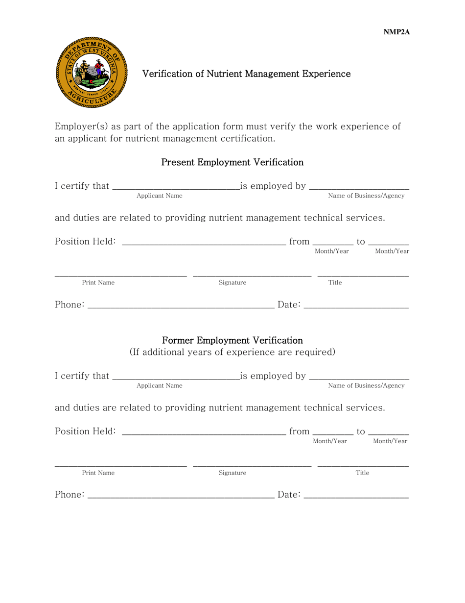 Form NMP2A Verification of Nutrient Management Experience - West Virginia, Page 1