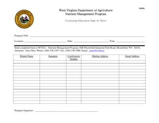 Form NMP6 &quot;Continuing Education Sign-In Sheet - Nutrient Management Program&quot; - West Virginia