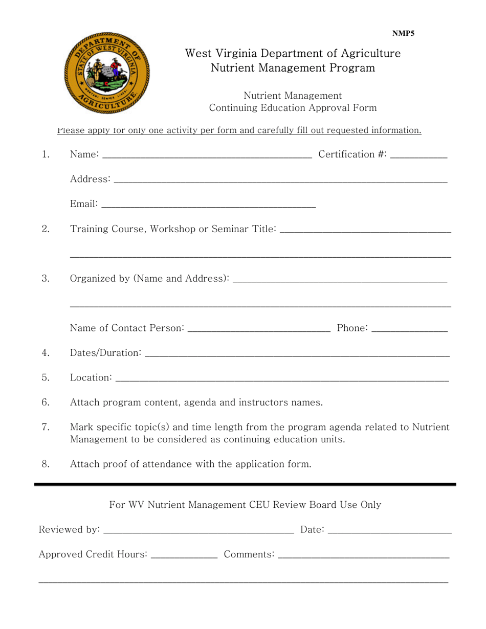 Form NMP5 Continuing Education Approval Form - Nutrient Management Program - West Virginia, Page 1