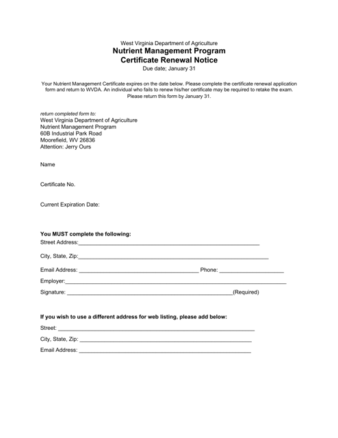 Certificate Renewal Notice - Nutrient Management Program - West Virginia