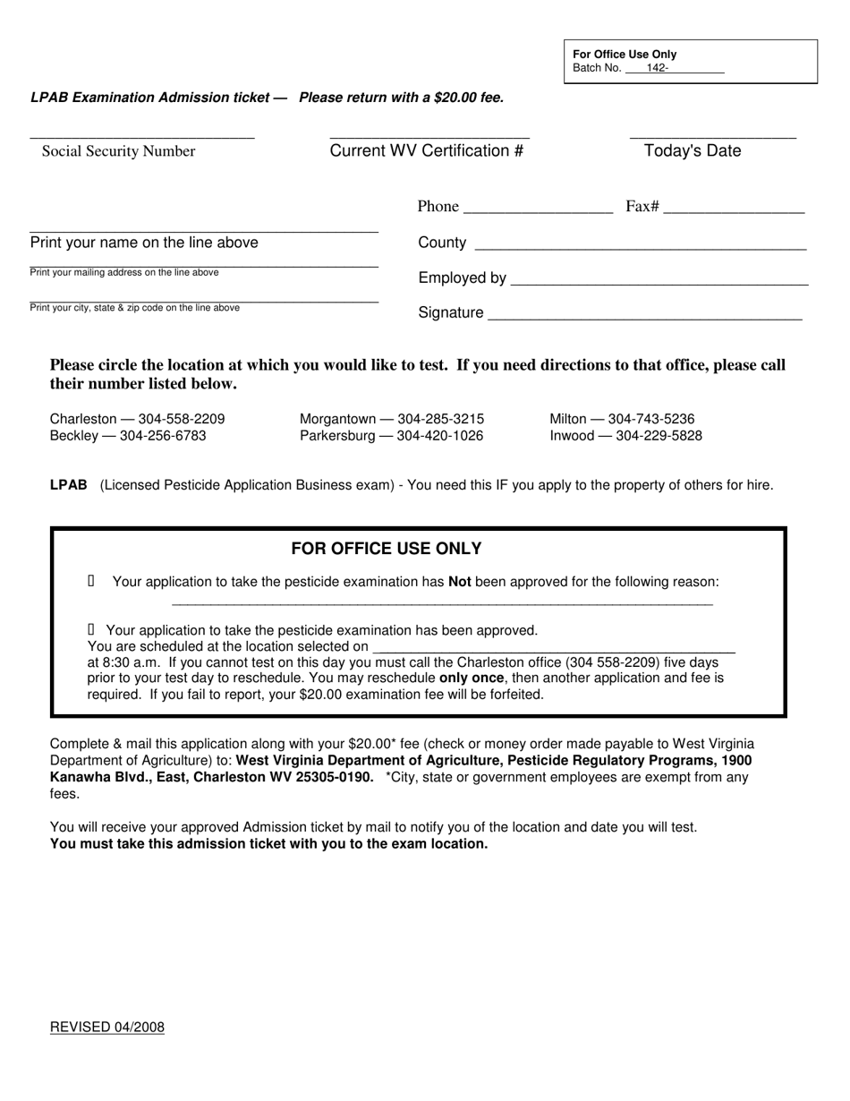 Lpab Examination Admission Ticket - West Virginia, Page 1
