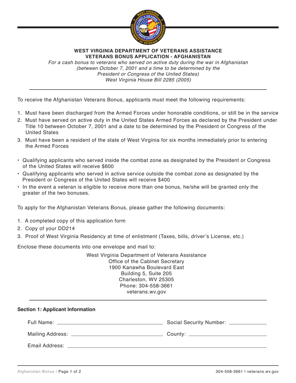 Veterans Bonus Application - Afghanistan - West Virginia, Page 1
