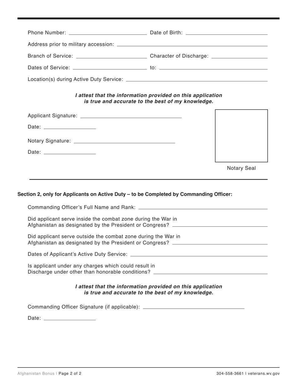 Veterans Bonus Application - Afghanistan - West Virginia, Page 2
