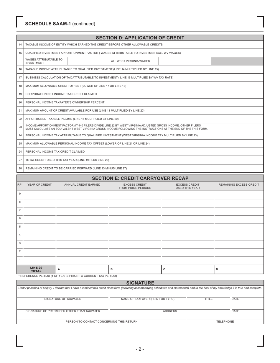 Schedule SAAM-1 West Virginia Tax Credit for Federal Excise Tax Imposed Upon Small Arms and Ammunition Manufacturers - West Virginia, Page 2