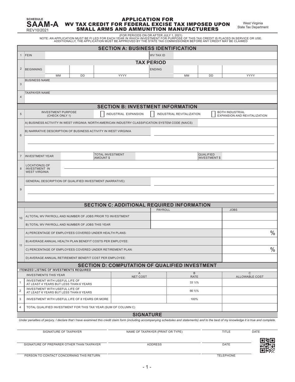 Schedule SAAM-A Application for Wv Tax Credit for Federal Excise Tax Imposed Upon Small Arms and Ammunition Manufacturers - West Virginia, Page 1