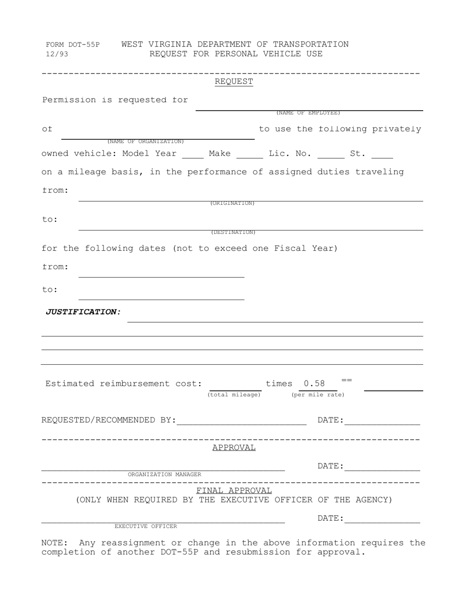 Form DOT-55P Request for Personal Vehicle Use - West Virginia, Page 1