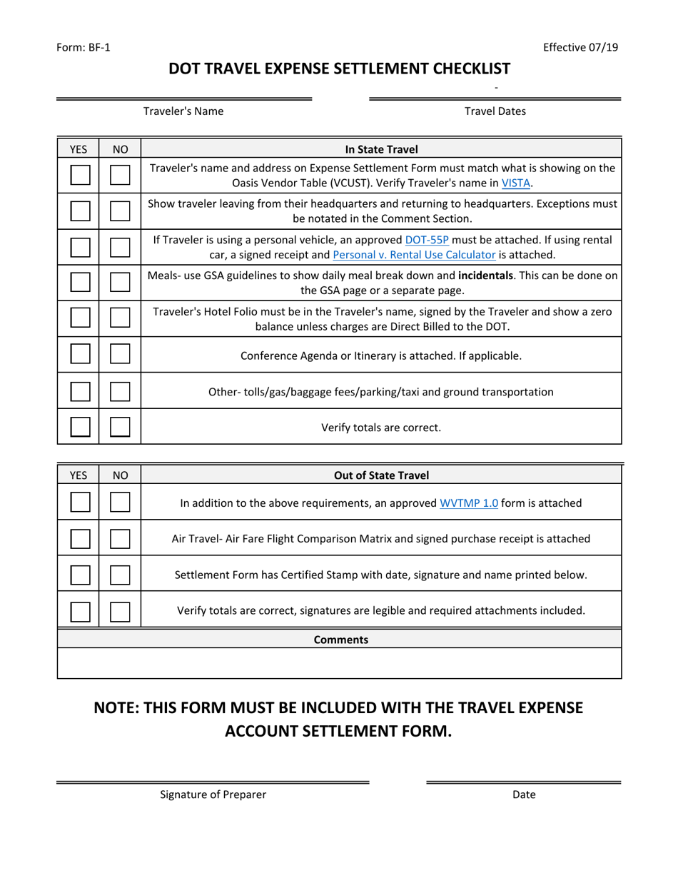 Form BF-1 Dot Travel Expense Settlement Checklist - West Virginia, Page 1