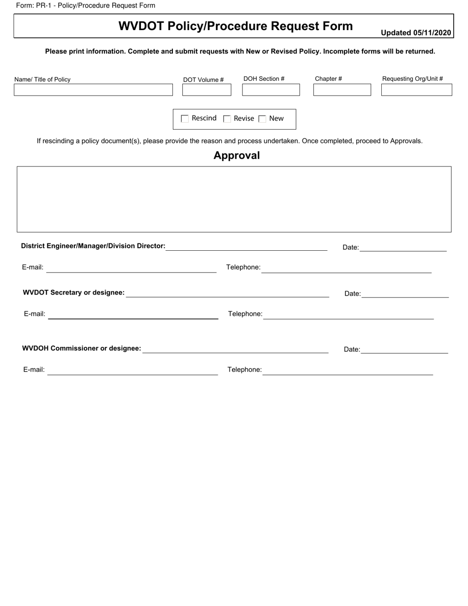 Form PR-1 Policy / Procedure Request Form - West Virginia, Page 1