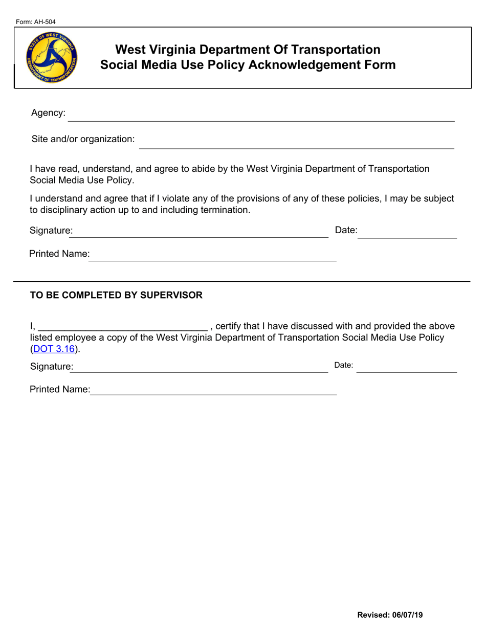 Form AH-504 Social Media Use Policy Acknowledgement Form - West Virginia, Page 1