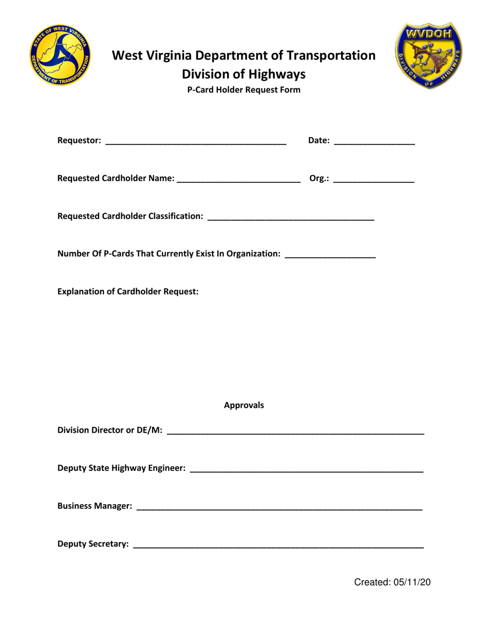 P-Card Holder Request Form - West Virginia, Page 1