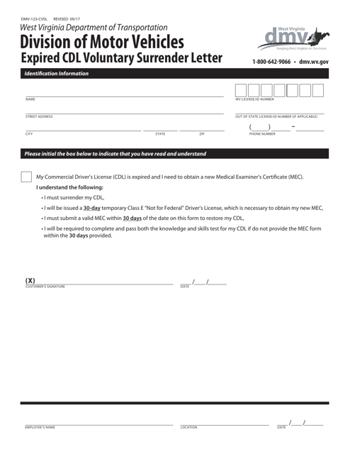 Form DMV-123-CVSL Expired Cdl Voluntary Surrender Letter - West Virginia