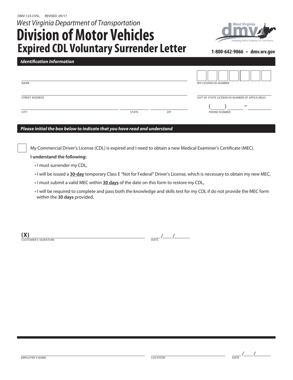 Form DMV-123-CVSL Expired Cdl Voluntary Surrender Letter - West Virginia, Page 1