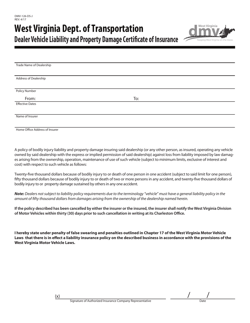 Form DMV-126-DS-J Dealer Vehicle Liability and Property Damage Certificate of Insurance - West Virginia, Page 1
