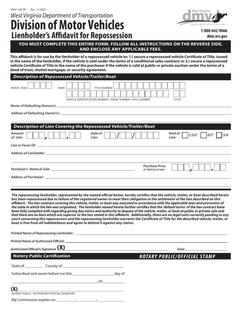 Form DMV-129-TR  Printable Pdf