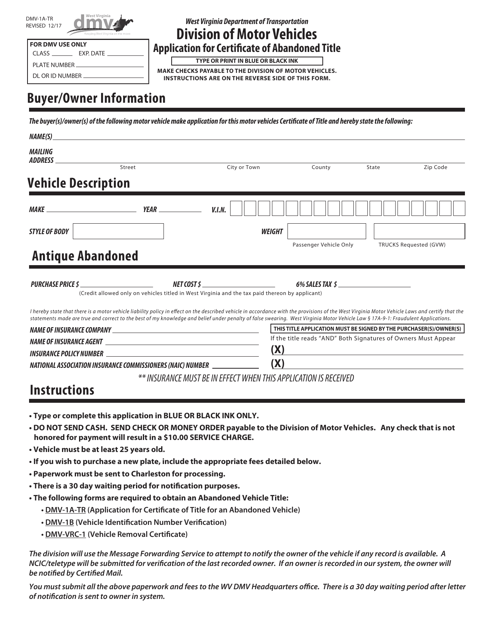 Form DMV-1A-TR Application for Certificate of Abandoned Title - West Virginia