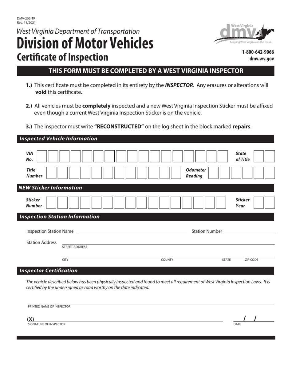 Form DMV-202-TR Certificate of Inspection - West Virginia, Page 1