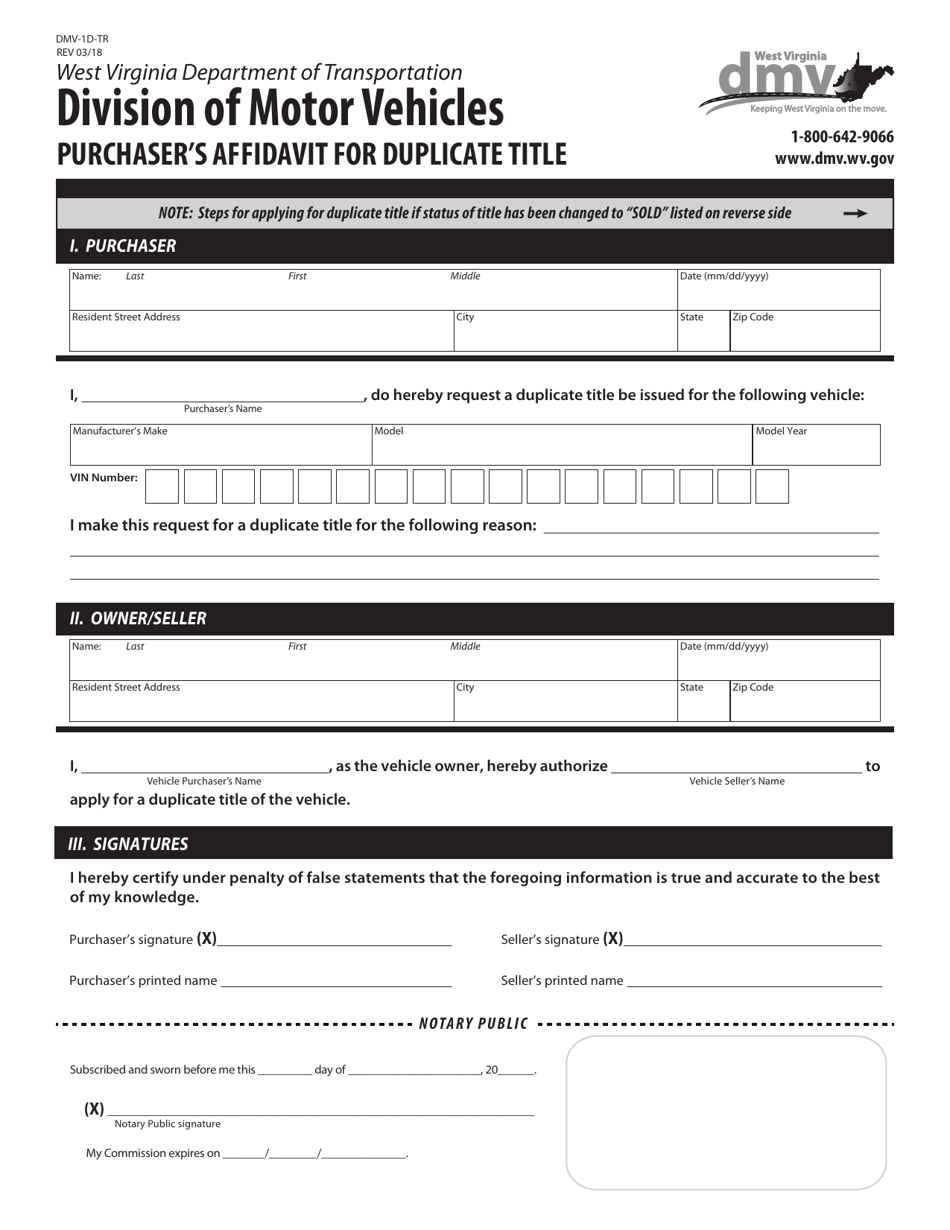 Form DMV-1D-TR Purchasers Affidavit for Duplicate Title - West Virginia, Page 1