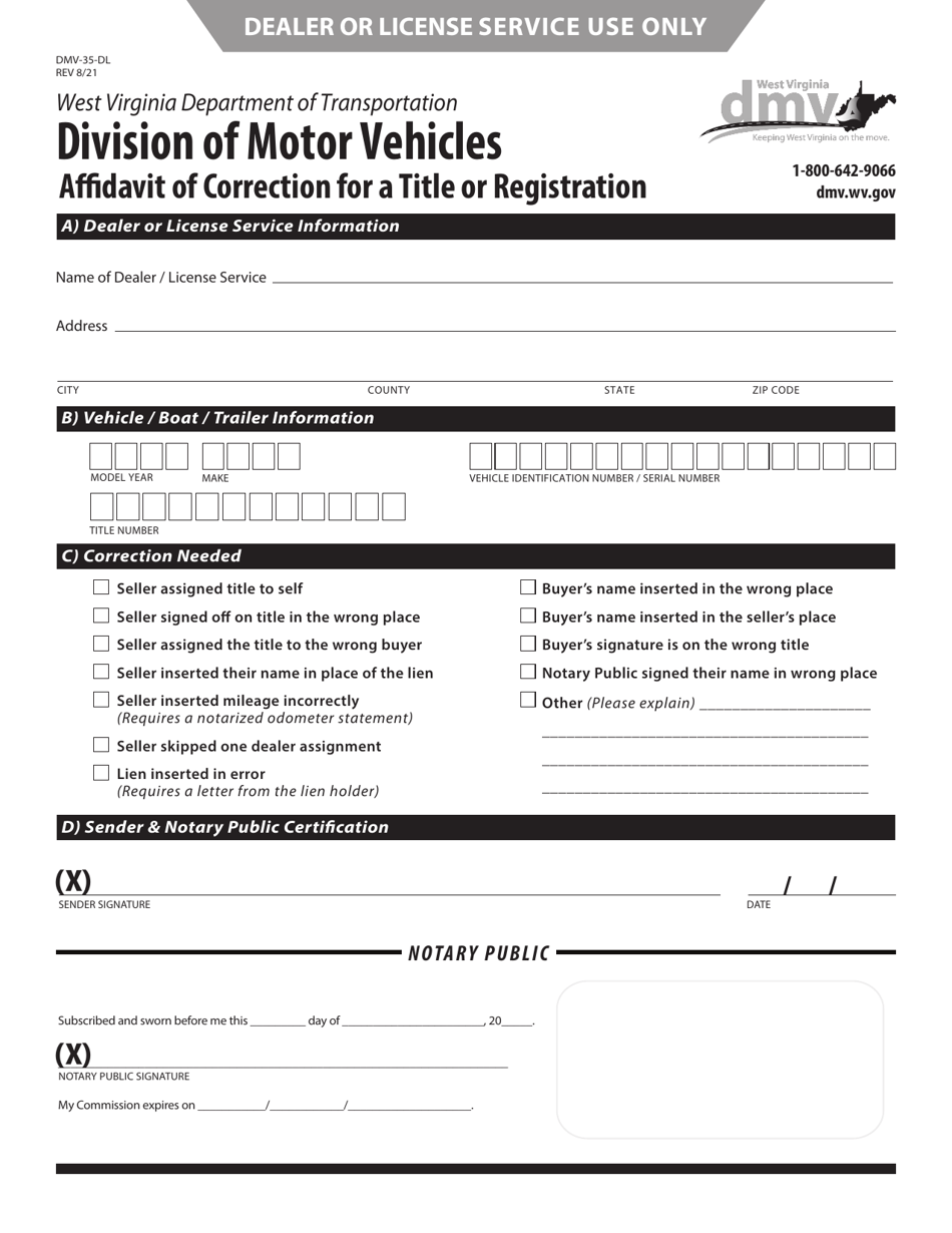 Form DMV-35-DL Affidavit of Correction for a Title or Registration - West Virginia, Page 1