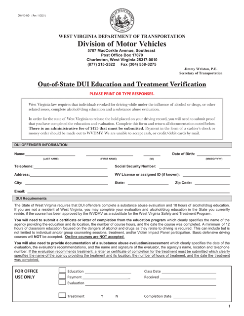Form DMV-13-IND Out-of-State Dui Education and Treatment Verification - West Virginia