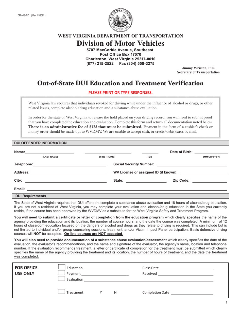 Form DMV-13-IND Out-of-State Dui Education and Treatment Verification - West Virginia, Page 1
