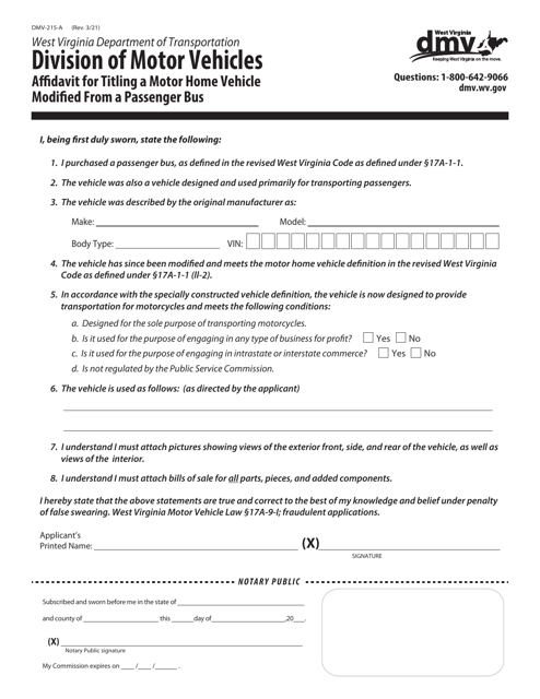 Form DMV-215-A  Printable Pdf