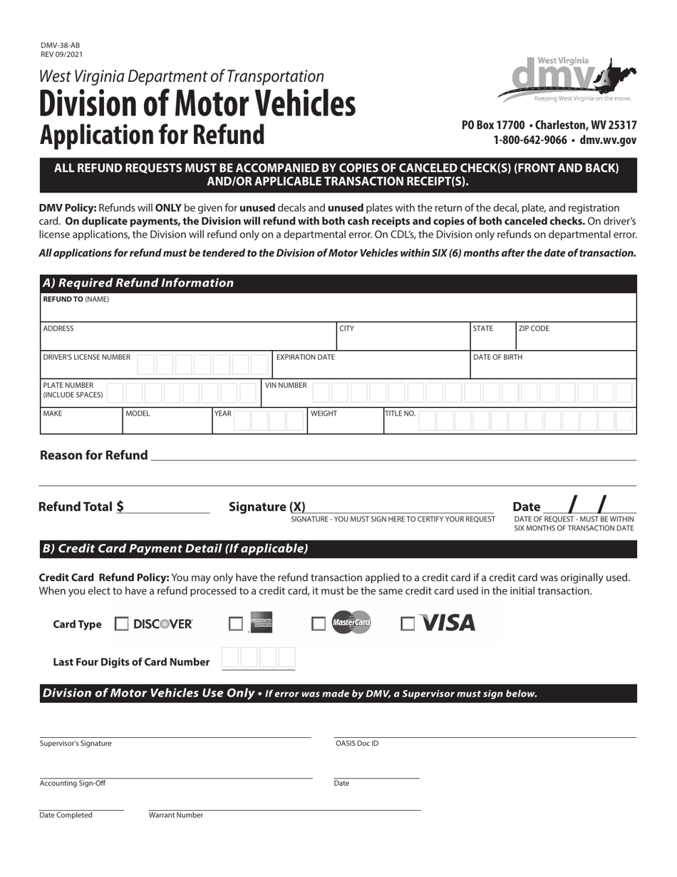 Form DMV-38-AB Application for Refund - West Virginia, Page 1