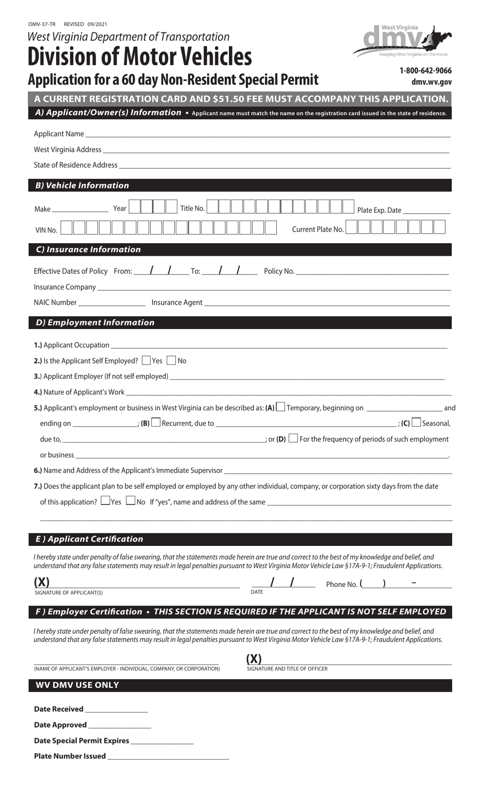 Form DMV-37-TR Application for a 60 Day Non-resident Special Permit - West Virginia, Page 1