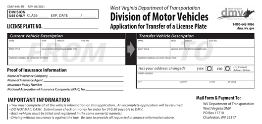 Document preview: Form DMV-44A-TR Application for Transfer of a License Plate - West Virginia