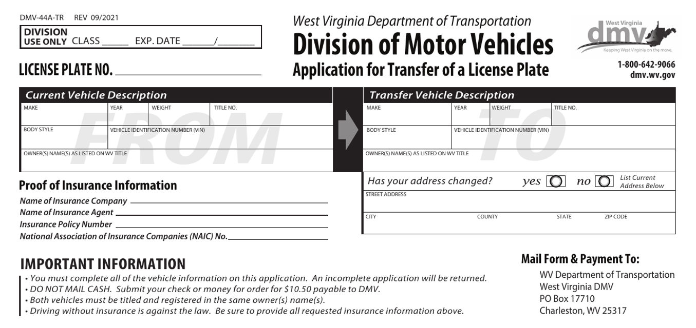 Form DMV-44A-TR Application for Transfer of a License Plate - West Virginia