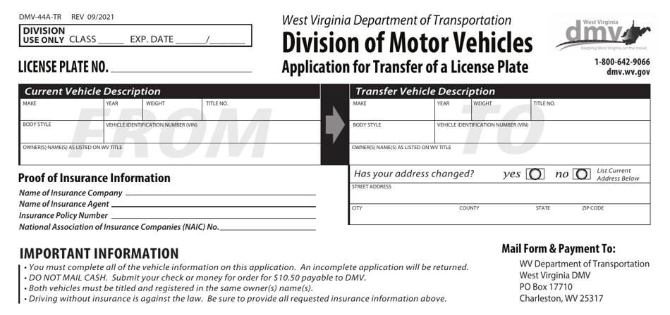 Form DMV-44A-TR Application for Transfer of a License Plate - West Virginia, Page 1