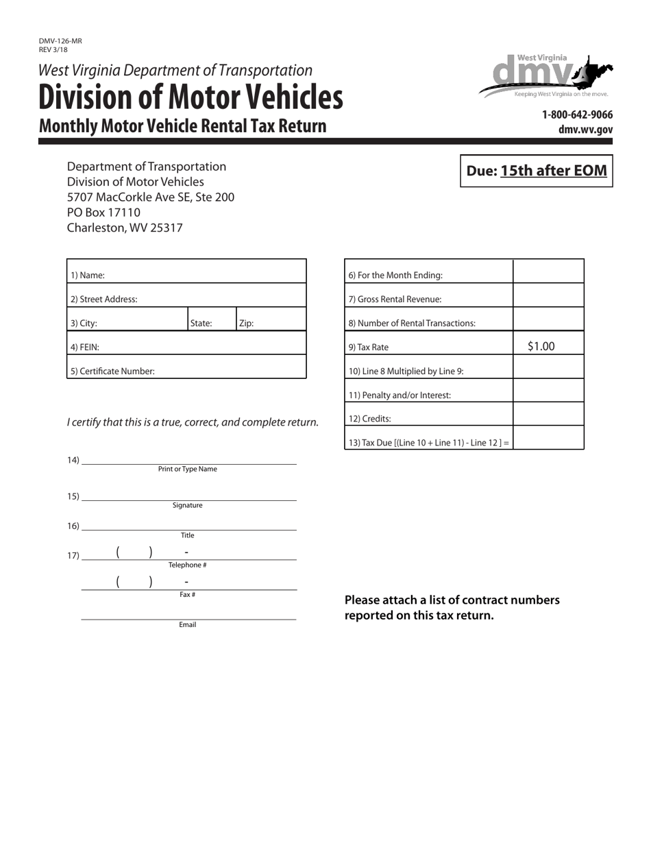 Form DMV-126-MR Monthly Motor Vehicle Rental Tax Return - West Virginia, Page 1