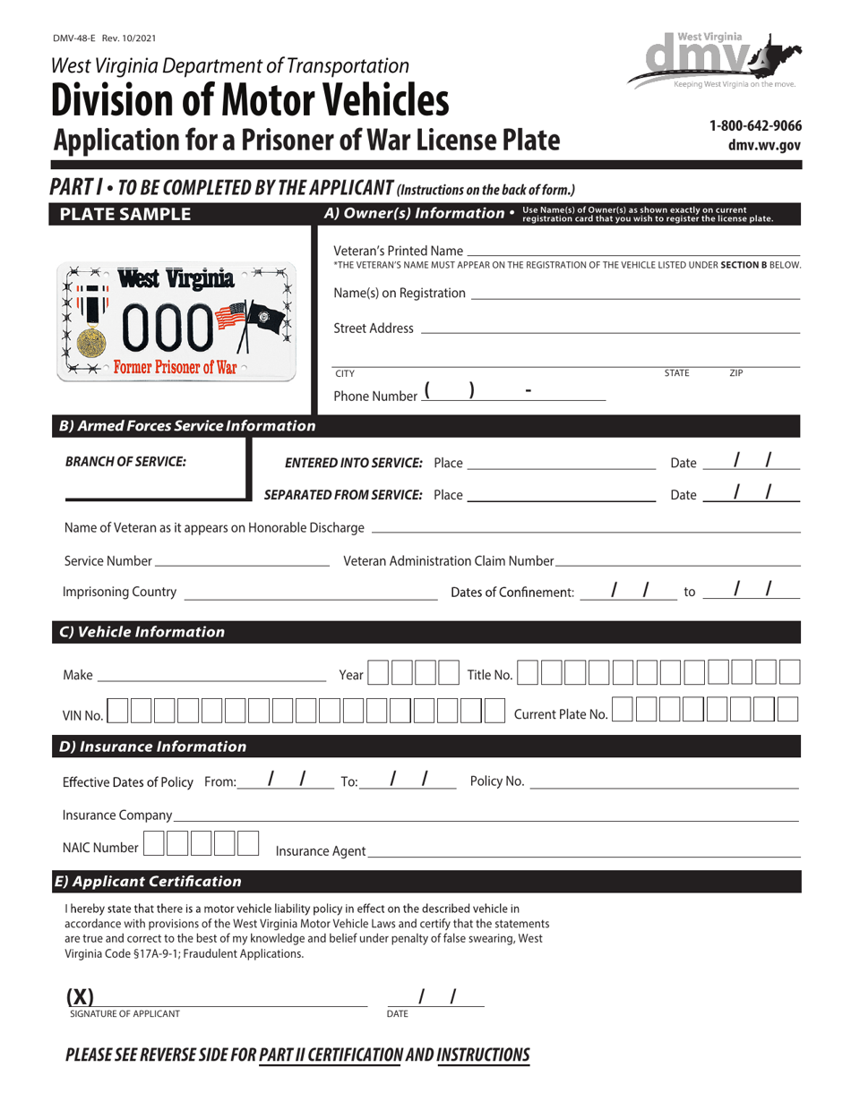 Form DMV-48-E Application for a Prisoner of War License Plate - West Virginia, Page 1