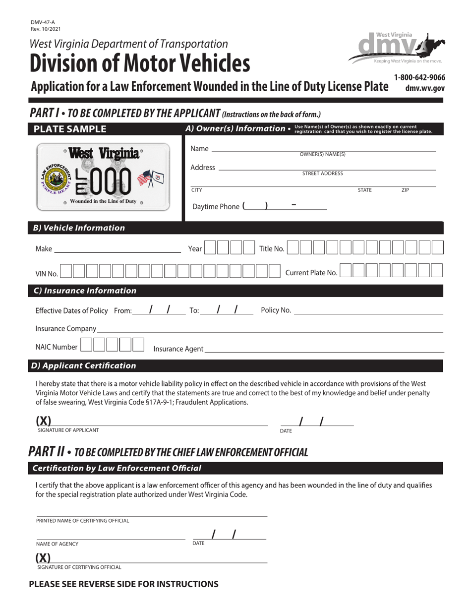 Form DMV-47-A Application for a Law Enforcement Wounded in the Line of Duty License Plate - West Virginia, Page 1