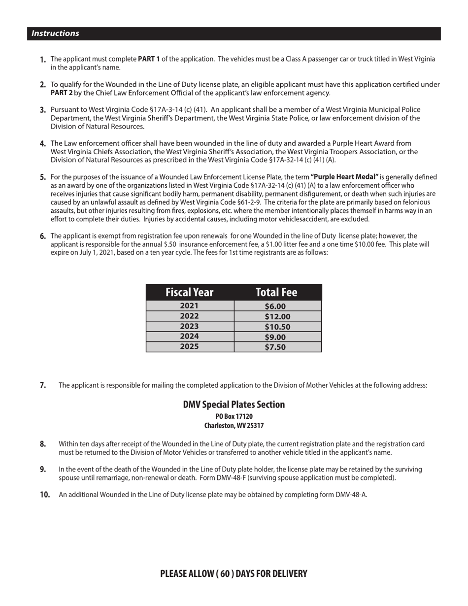 Form DMV-47-A Application for a Law Enforcement Wounded in the Line of Duty License Plate - West Virginia, Page 2