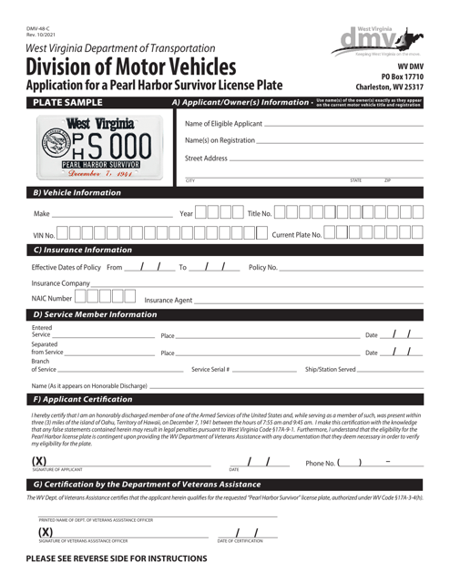 Form DMV-48-C Application for a Pearl Harbor Survivor License Plate - West Virginia