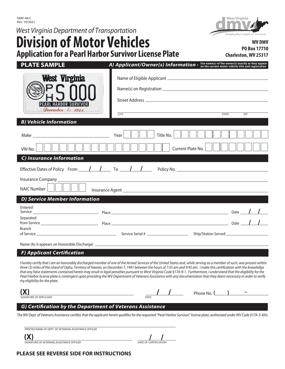 Form DMV-48-C Application for a Pearl Harbor Survivor License Plate - West Virginia, Page 1