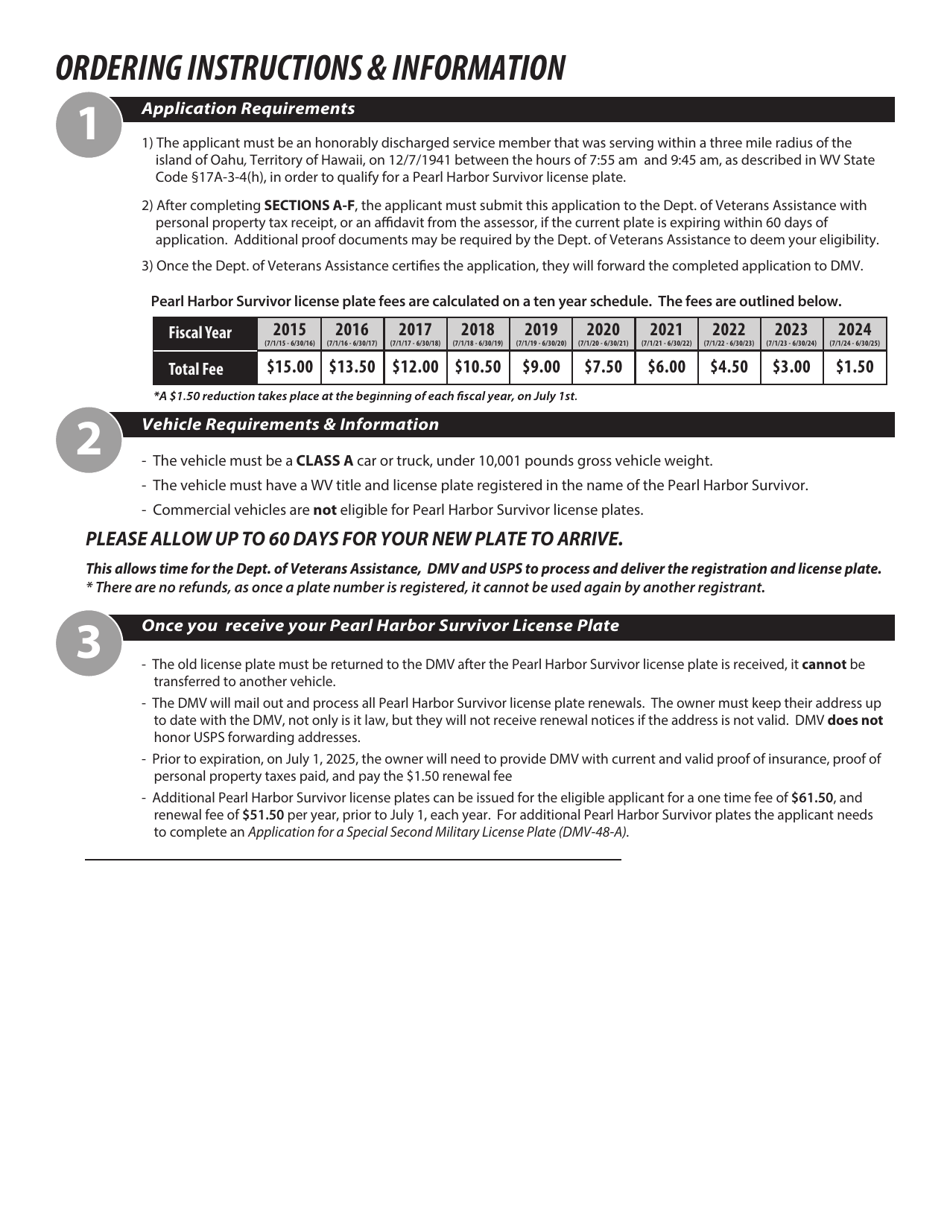 Form DMV-48-C Application for a Pearl Harbor Survivor License Plate - West Virginia, Page 2