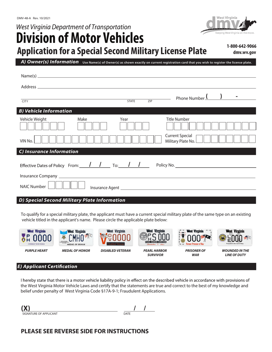 Form DMV-48-A Application for a Special Second Military License Plate - West Virginia, Page 1