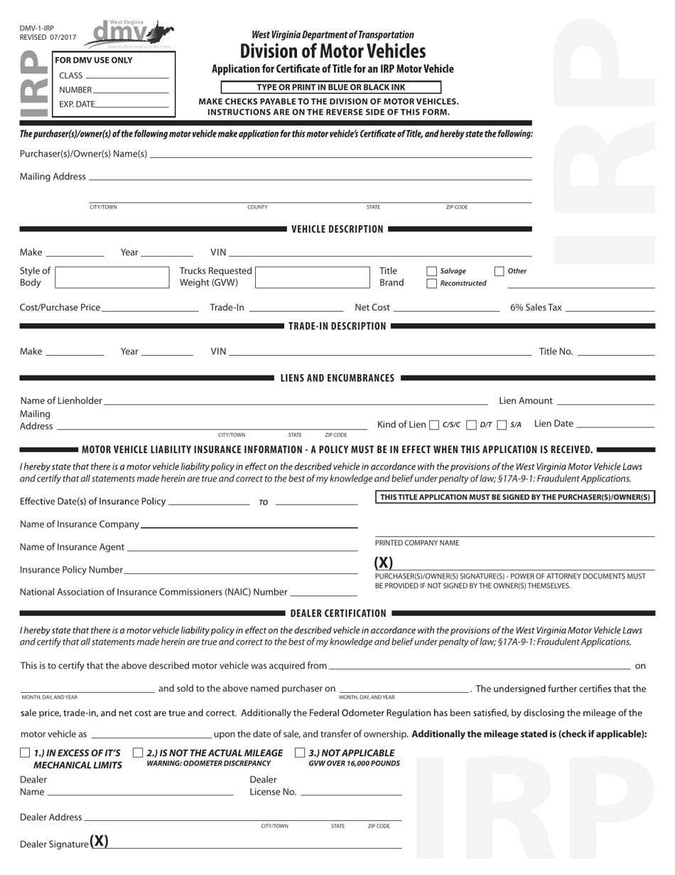 Form DMV-1-IRP Application for Certificate of Title for an Irp Motor Vehicle - West Virginia, Page 1