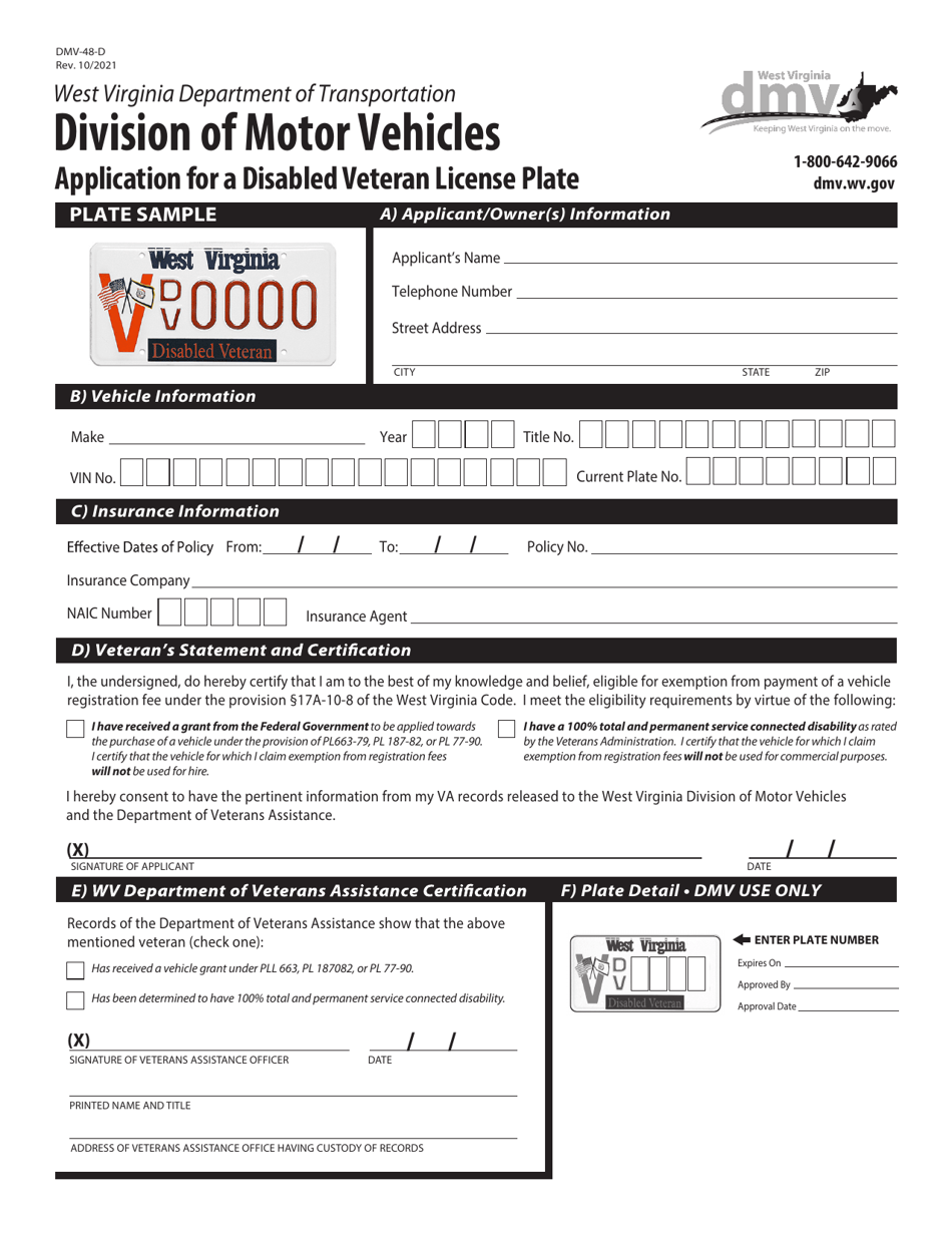 Form DMV-48-D Application for a Disabled Veteran License Plate - West Virginia, Page 1